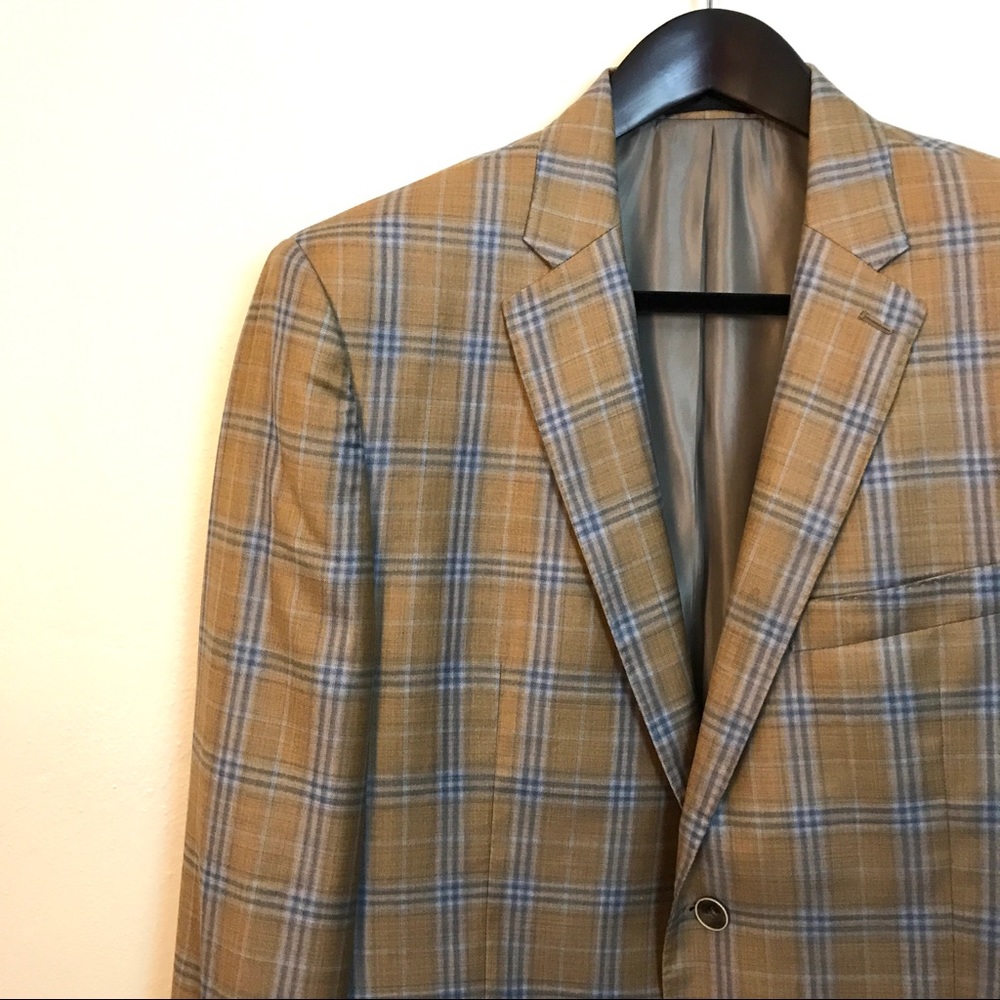 TailoRED Reda Wool Blazer, Tan/Blue Plaid, 44R